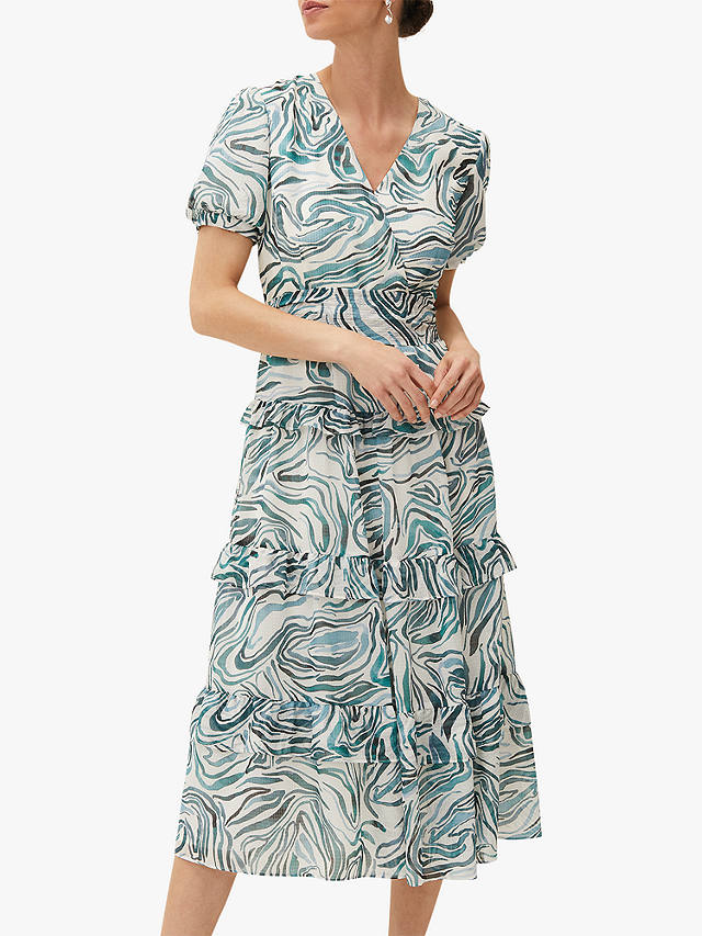 Phase Eight Iona Swirl Print Tiered Midi Dress, Blue