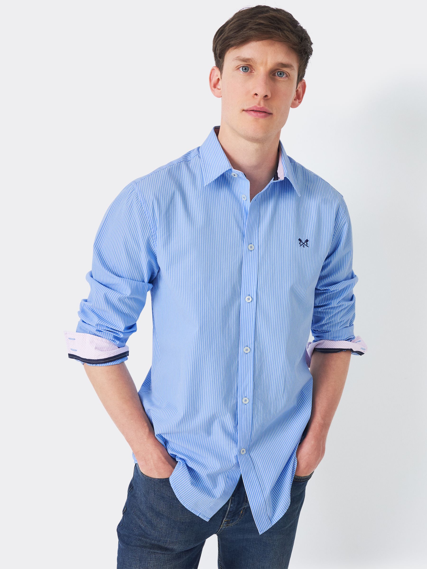 Crew Clothing Classic Micro Stripe Shirt, Sky Blue at John Lewis & Partners