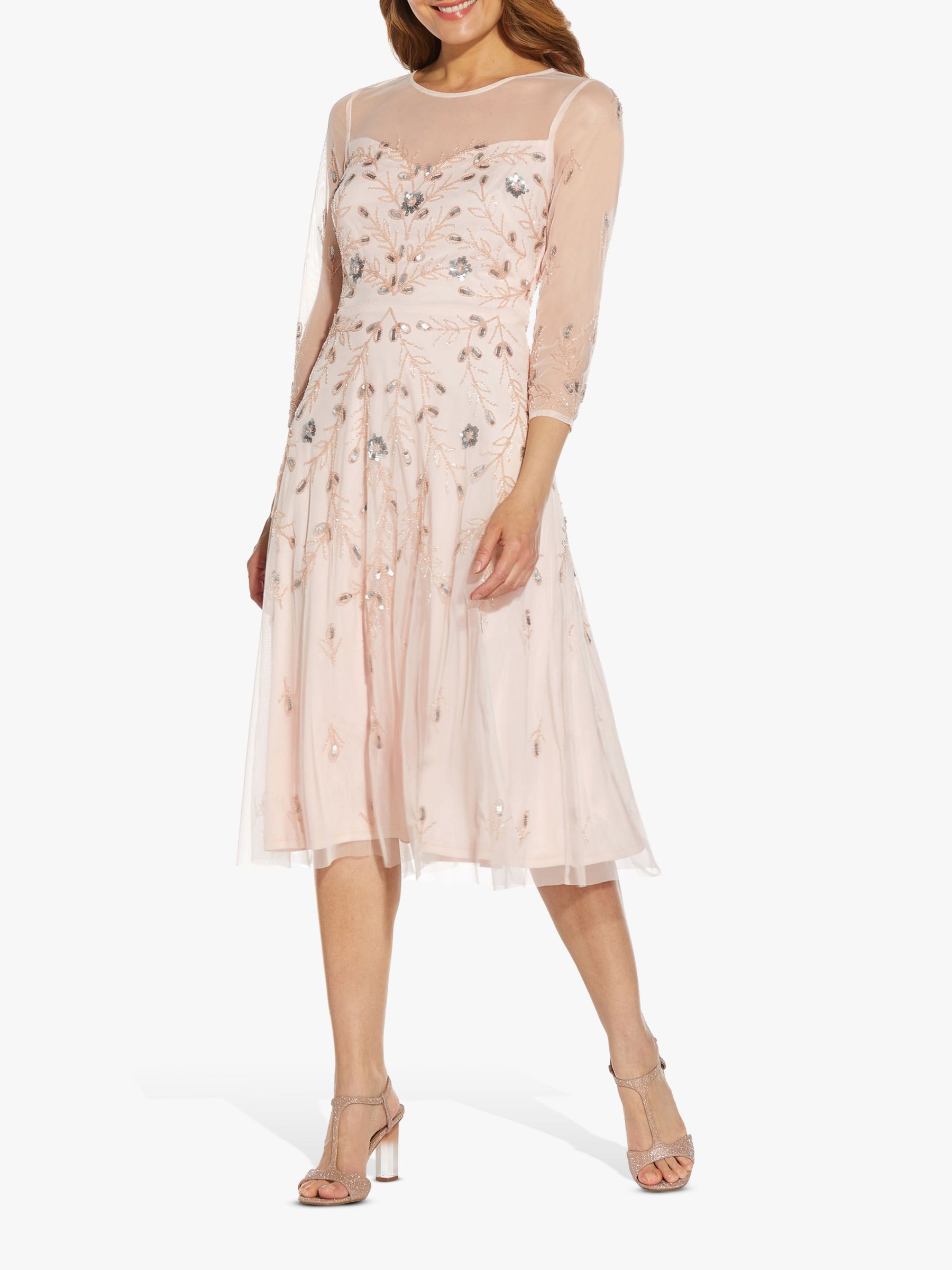 Adrianna Papell Floral Beaded Mesh Dress, Pale Pink at John Lewis ...