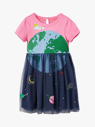 Mini Boden Kids' Space Earth Applique Tulle Dress, Bright Pink