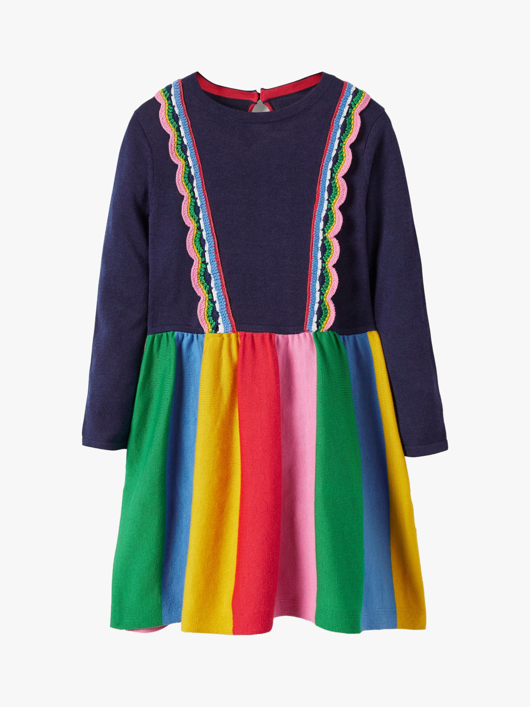 Mini Boden Kids' Cosy Knitted Rainbow Dress, Navy/Multi