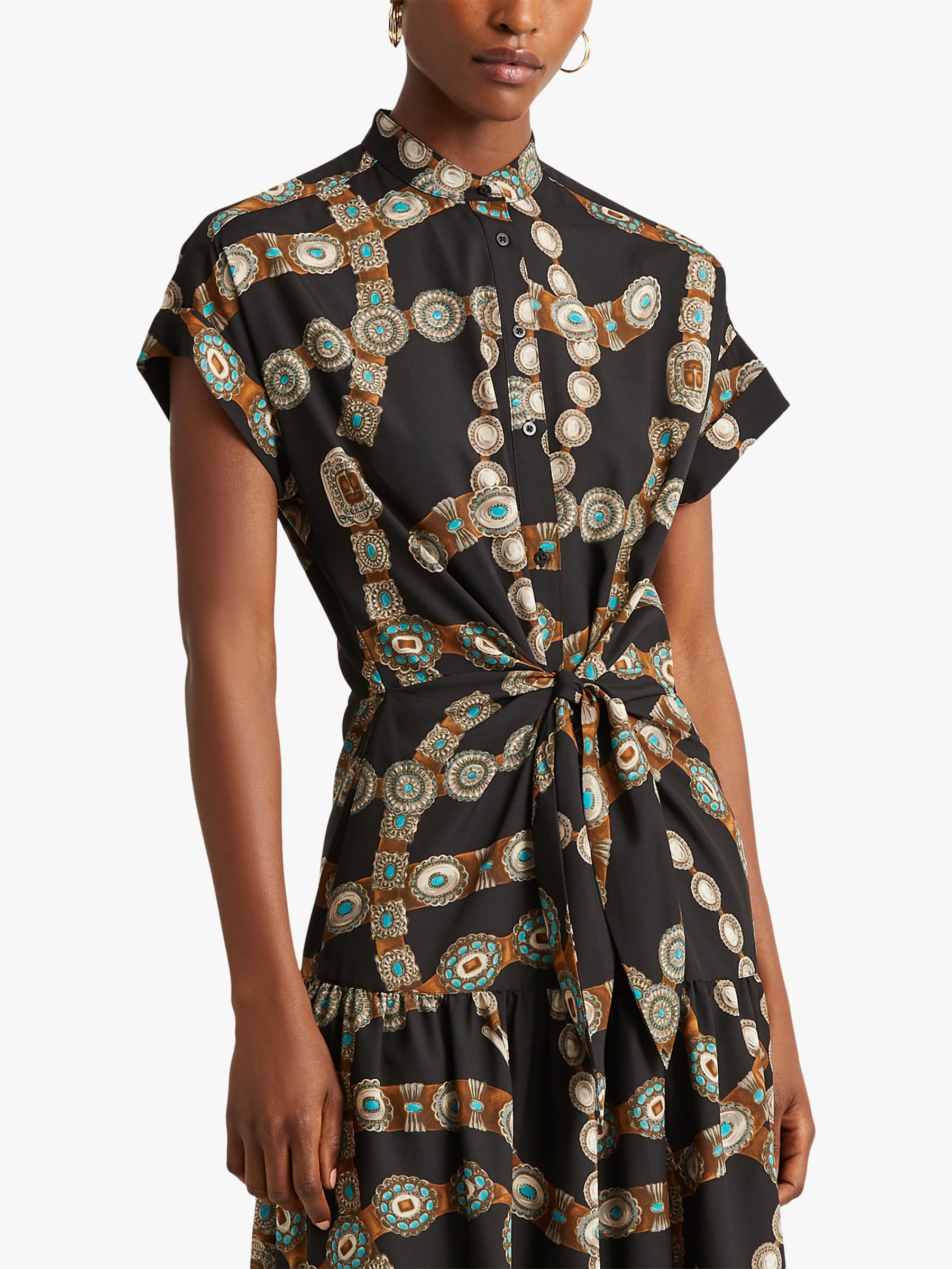 Lauren Ralph Lauren Yestin Belt Print Tiered Midi Shirt Dress, Polo Black /Multi