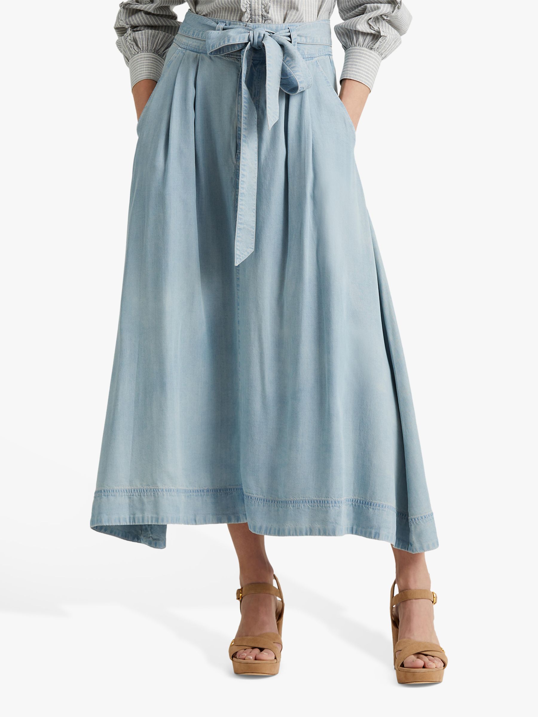 Lauren Ralph Lauren Shirlaine Belted A-Line Midi Skirt, Indigo Mist Wash