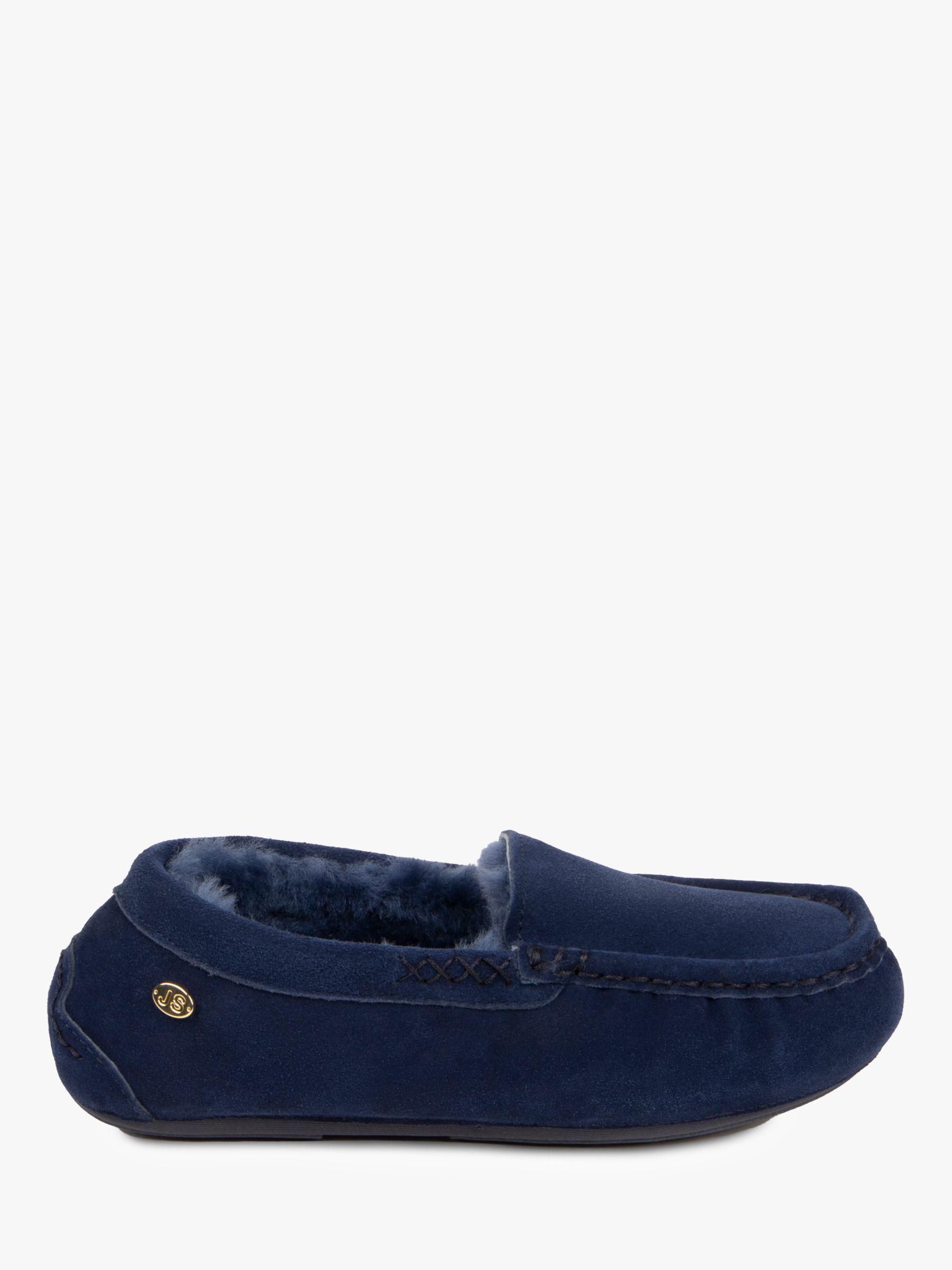 Just Sheepskin Sophie Suede Moccasin Slippers, Navy at John Lewis ...