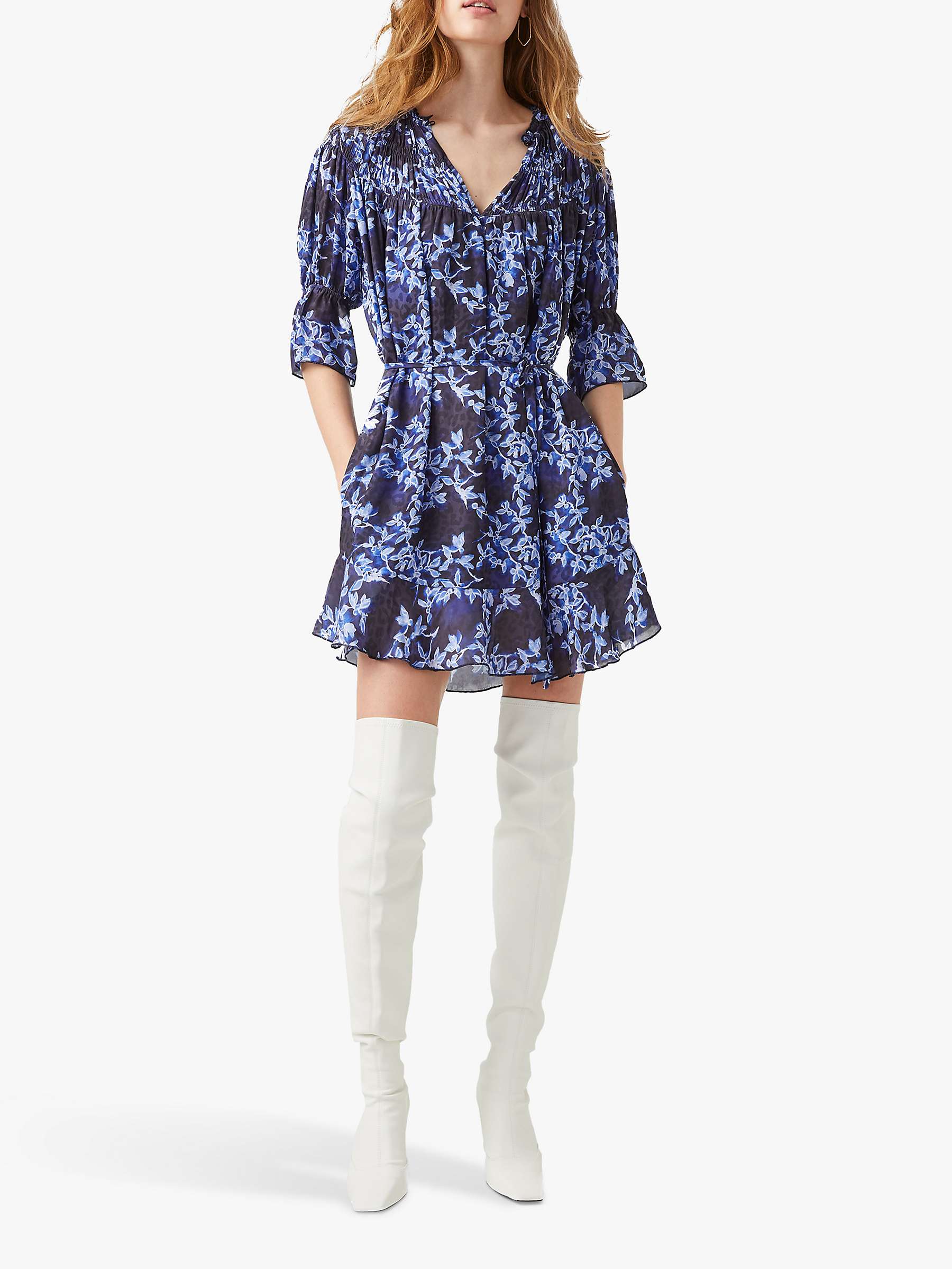Buy French Connection Dionne Floral Print Gathered Mini Dress, Sea Blue/Winter White Online at johnlewis.com