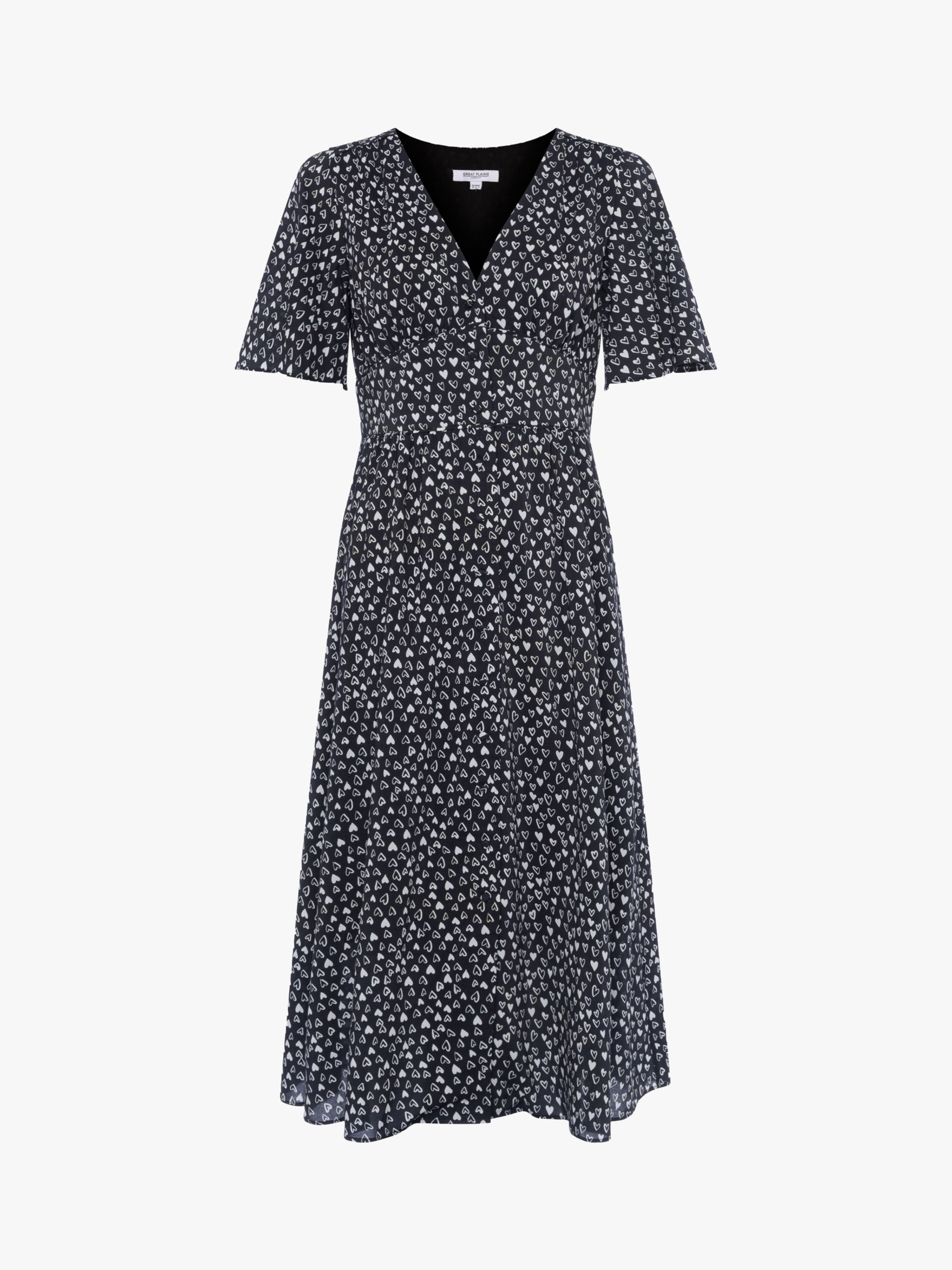 Great Plains Heart Print Midi Dress, Black/Multi