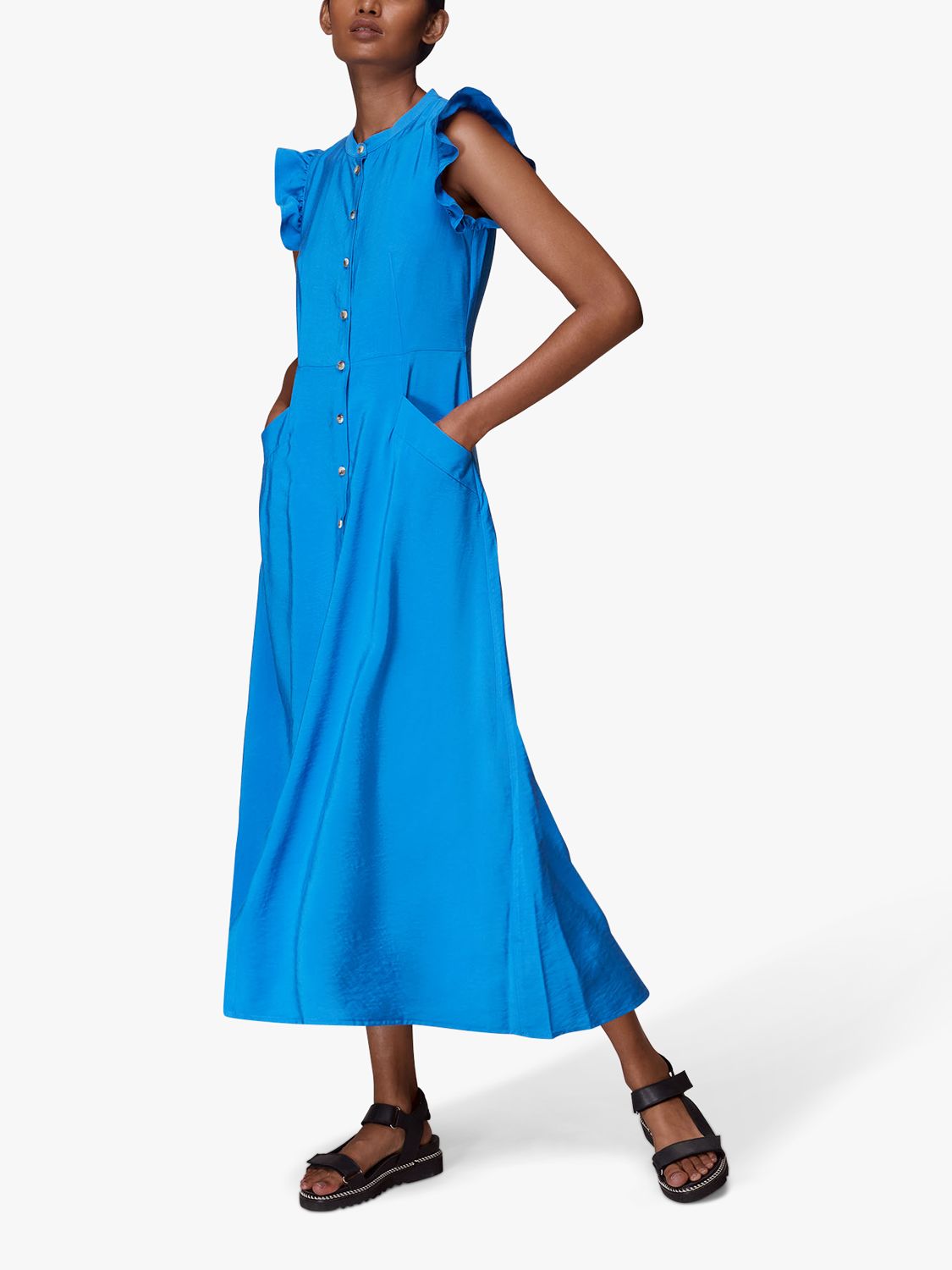 Whistles Frill Sleeve Button Midi Dress, Blue at John Lewis & Partners