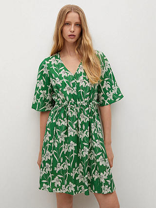 Mango Floral Print Ruched Waist Mini Dress, Green/Multi