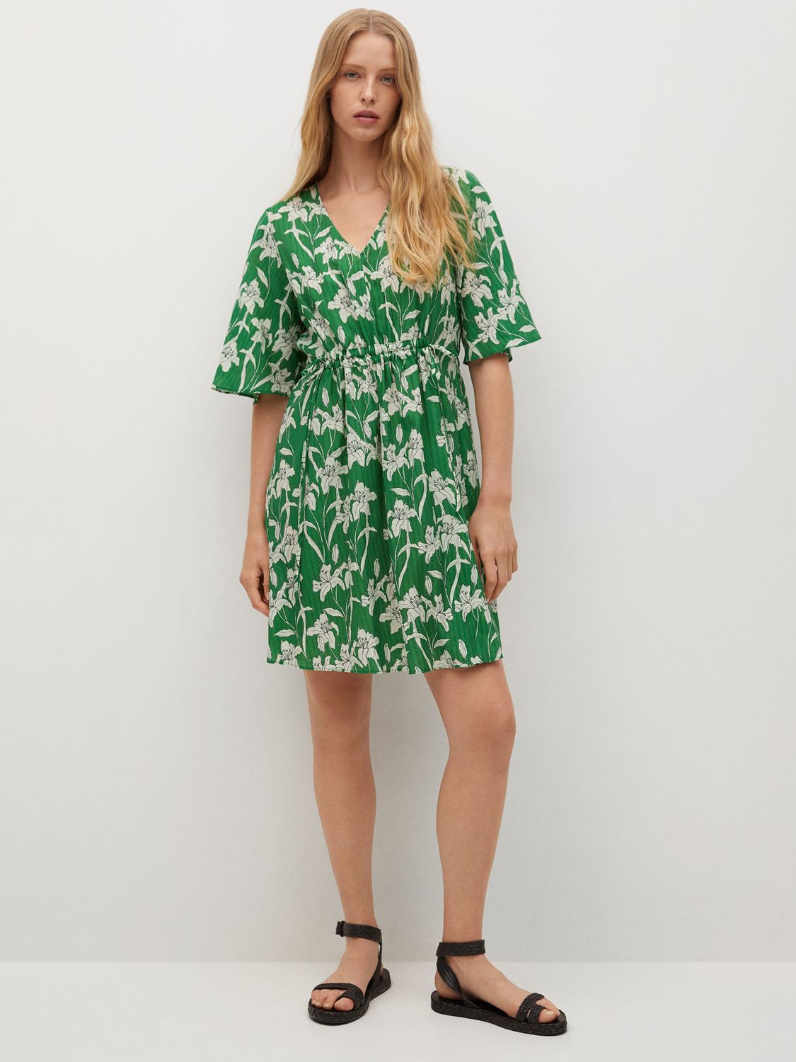 Mango Floral Print Ruched Waist Mini Dress, Green/Multi at John Lewis ...