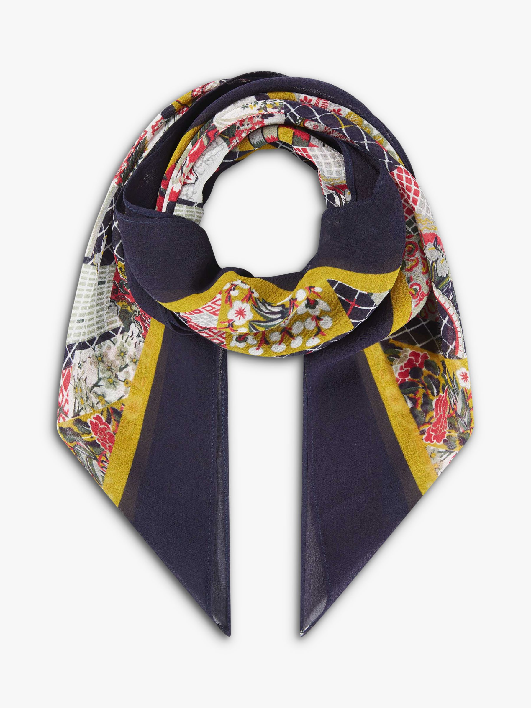 Brora Silk Patchwork Print Square Scarf, Navy/Citrine