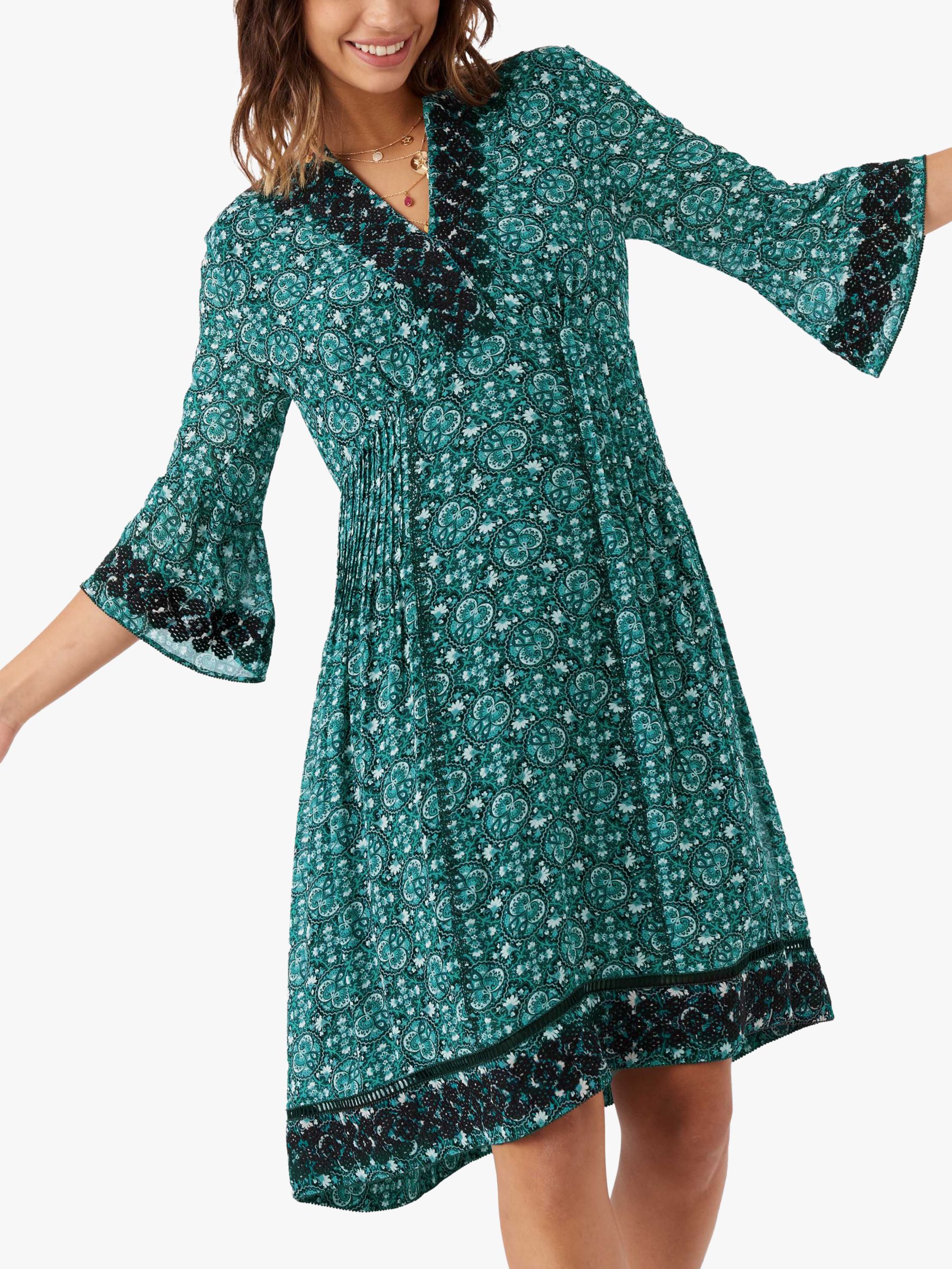 Brora Abstract Floral Print Embellished Silk Dress, Emerald