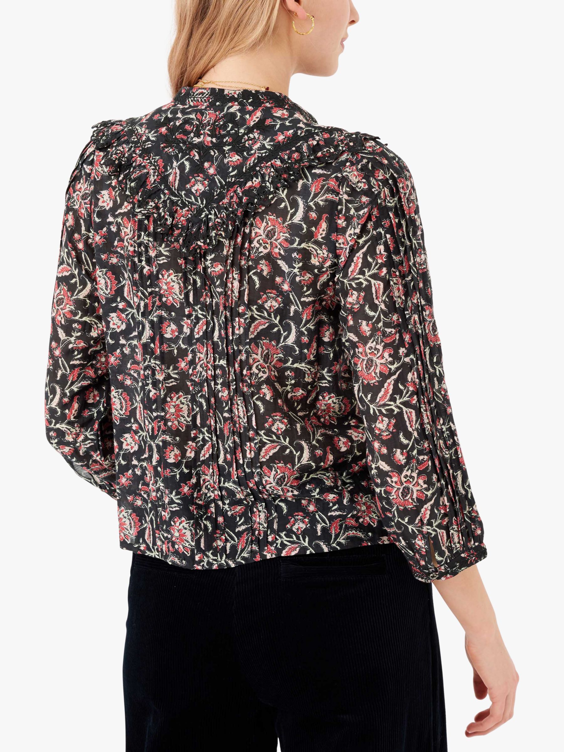 Brora Folk Floral Print Cotton Silk Blouse, Black/Multi at John Lewis ...