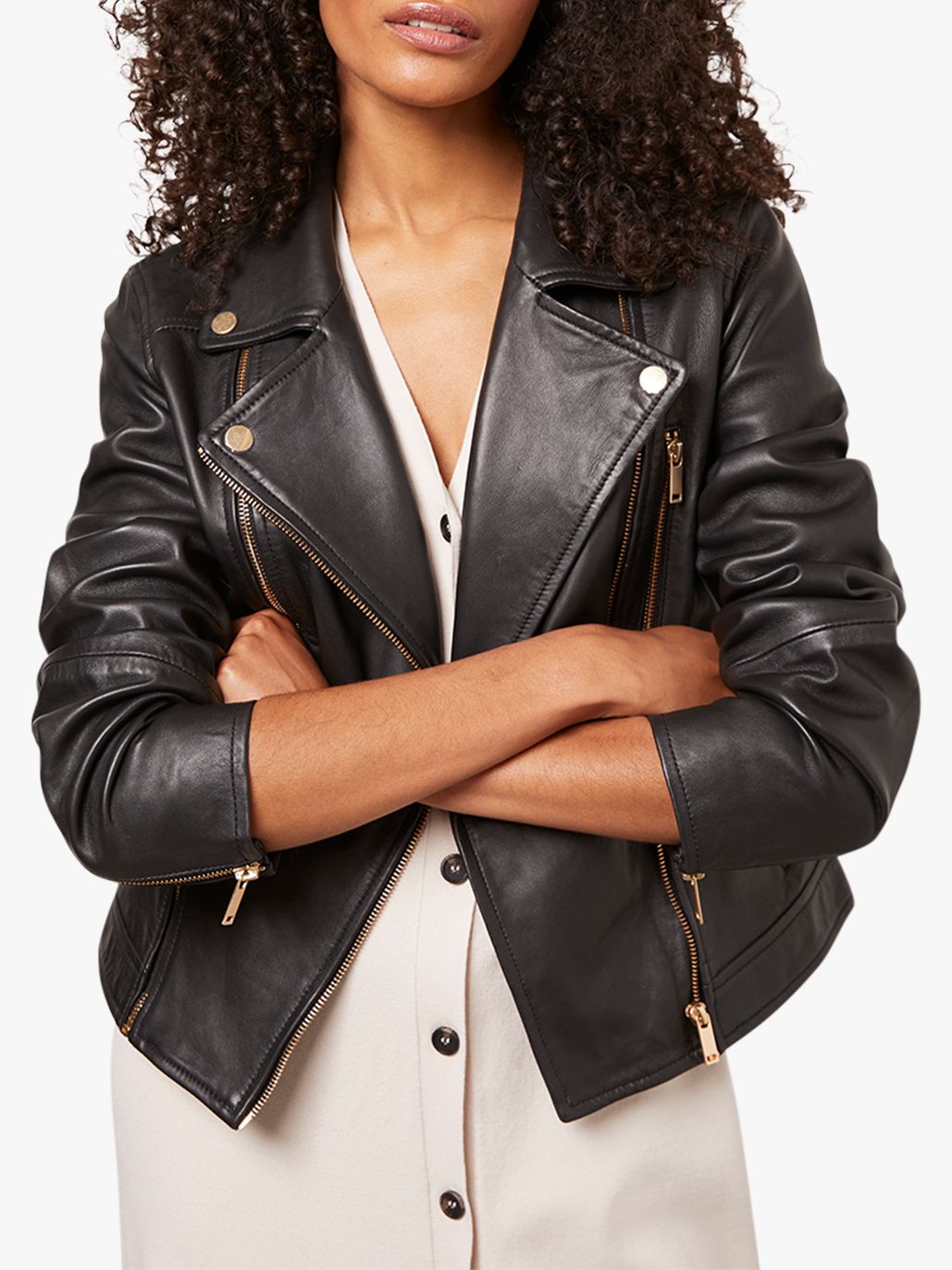 Mint Velvet Zip Leather Biker Jacket, Black at John Lewis & Partners