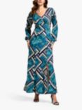 HotSquash Retro Tile Print V-Neck Long Sleeve Maxi Dress, Teal