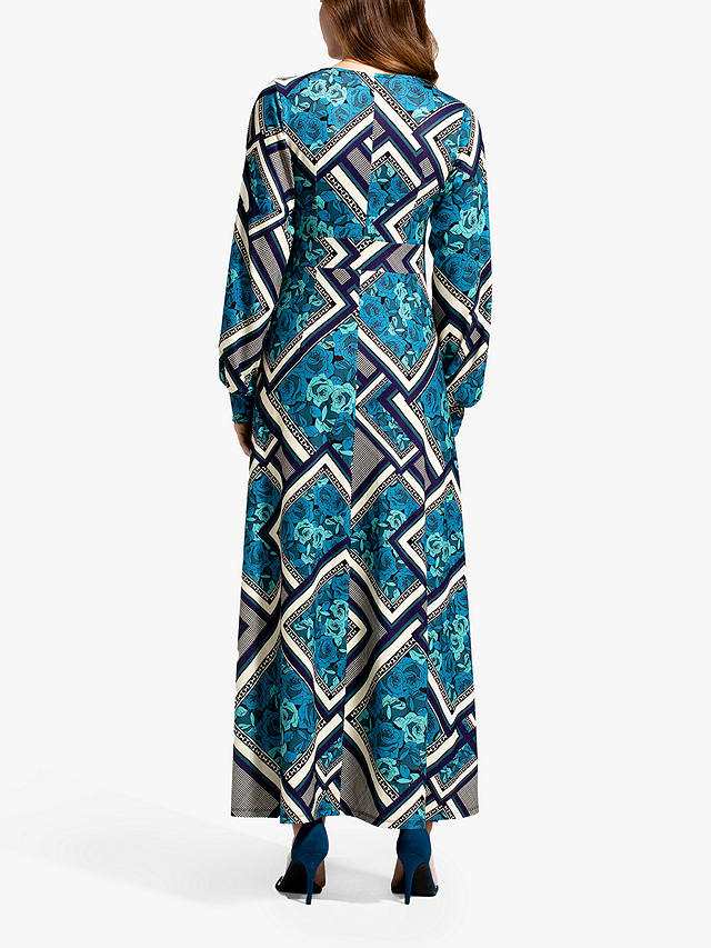 HotSquash Retro Tile Print V-Neck Long Sleeve Maxi Dress, Teal