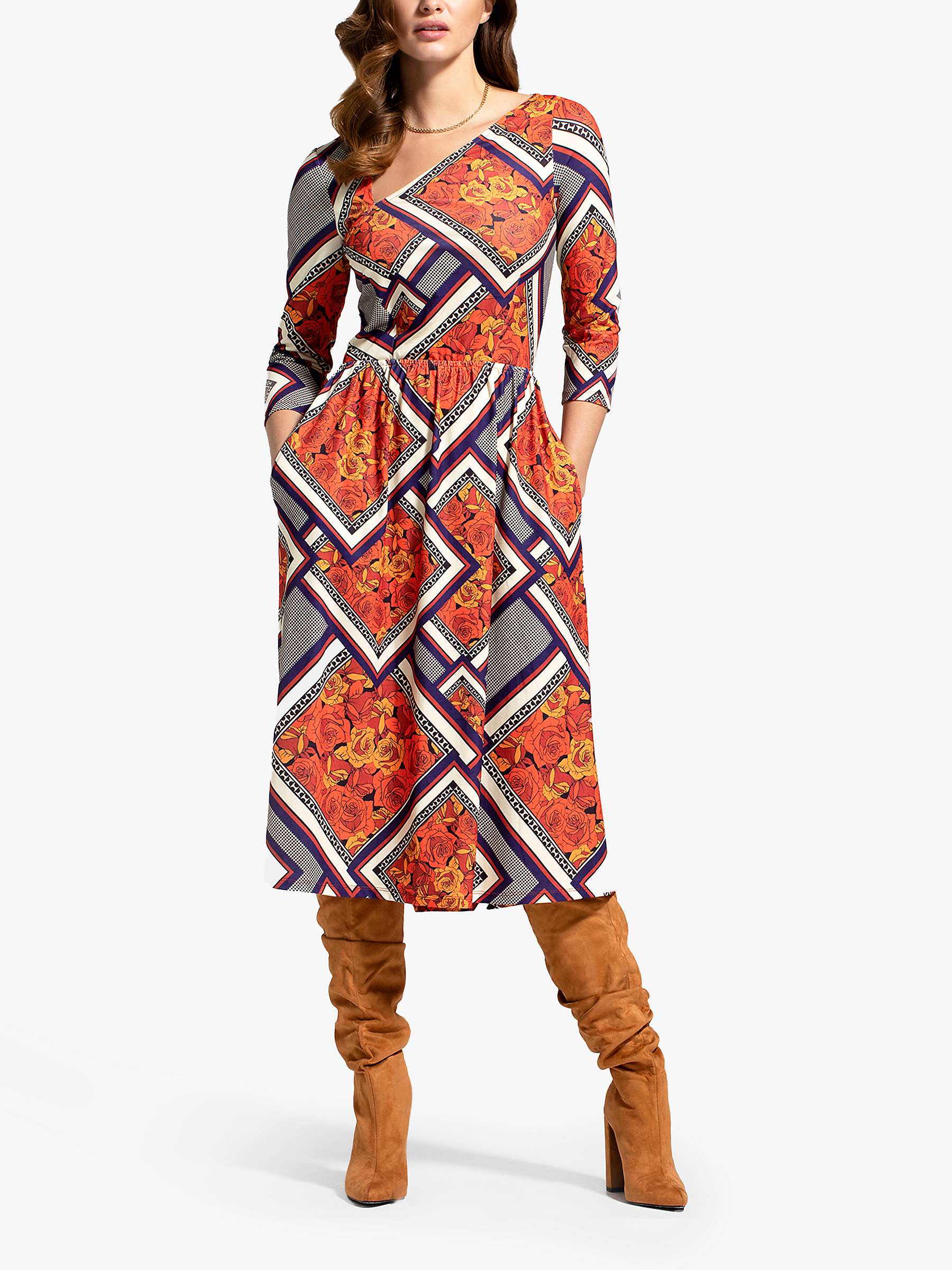 Buy HotSquash Retro Tile Print Asymmetric Neck Midi Dress, Orange/Multi Online at johnlewis.com