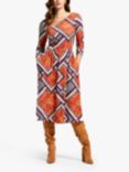 HotSquash Retro Tile Print Asymmetric Neck Midi Dress, Orange/Multi