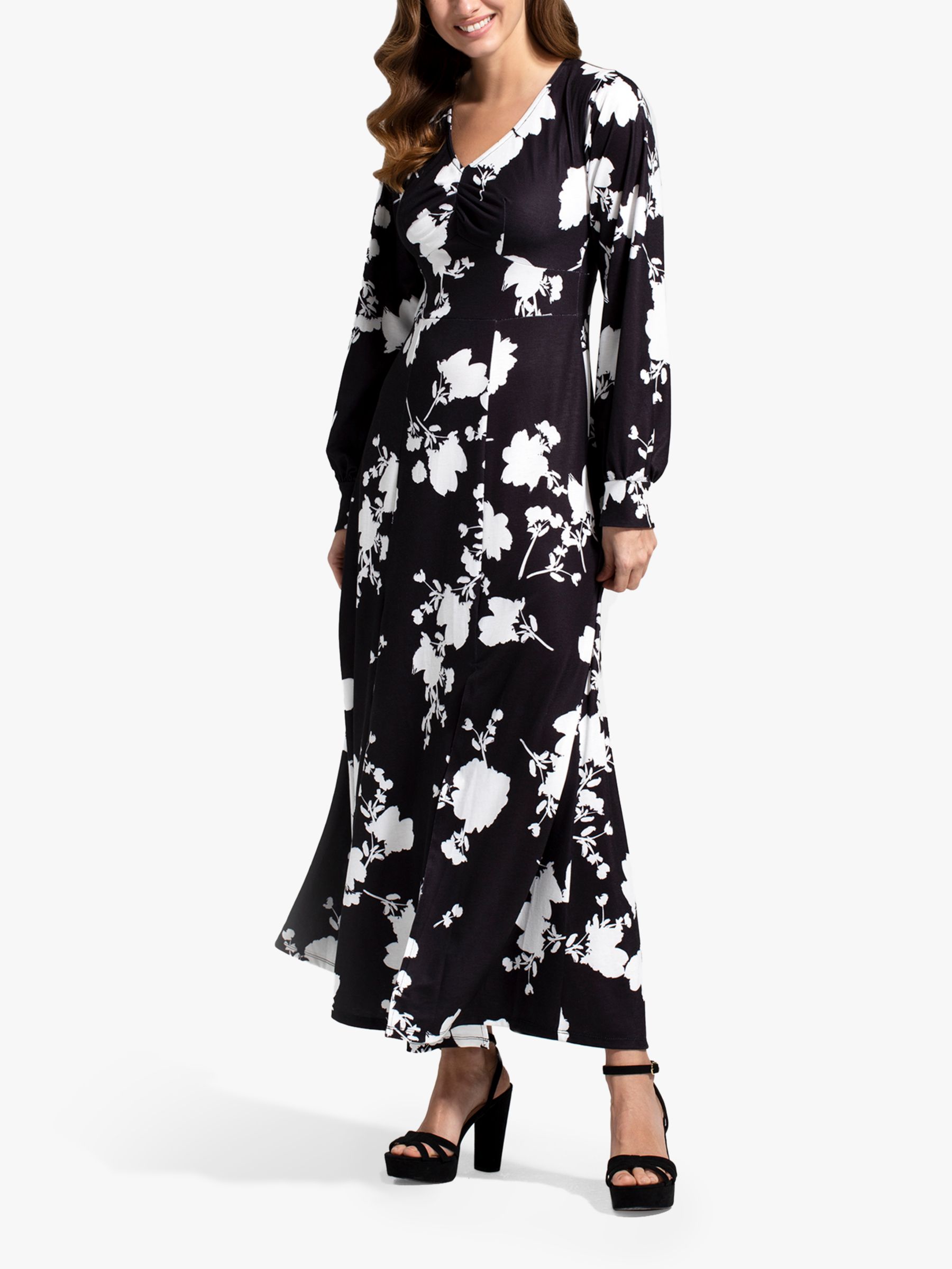 HotSquash Floral Chiffon Long Sleeve Maxi Dress, Black/White at
