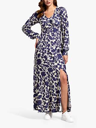 HotSquash Geo Blossom Print Long Sleeve Maxi Dress, Blue/Multi