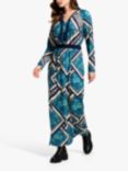 HotSquash Retro Tile Print Long Sleeve Maxi Dress, Teal/Multi