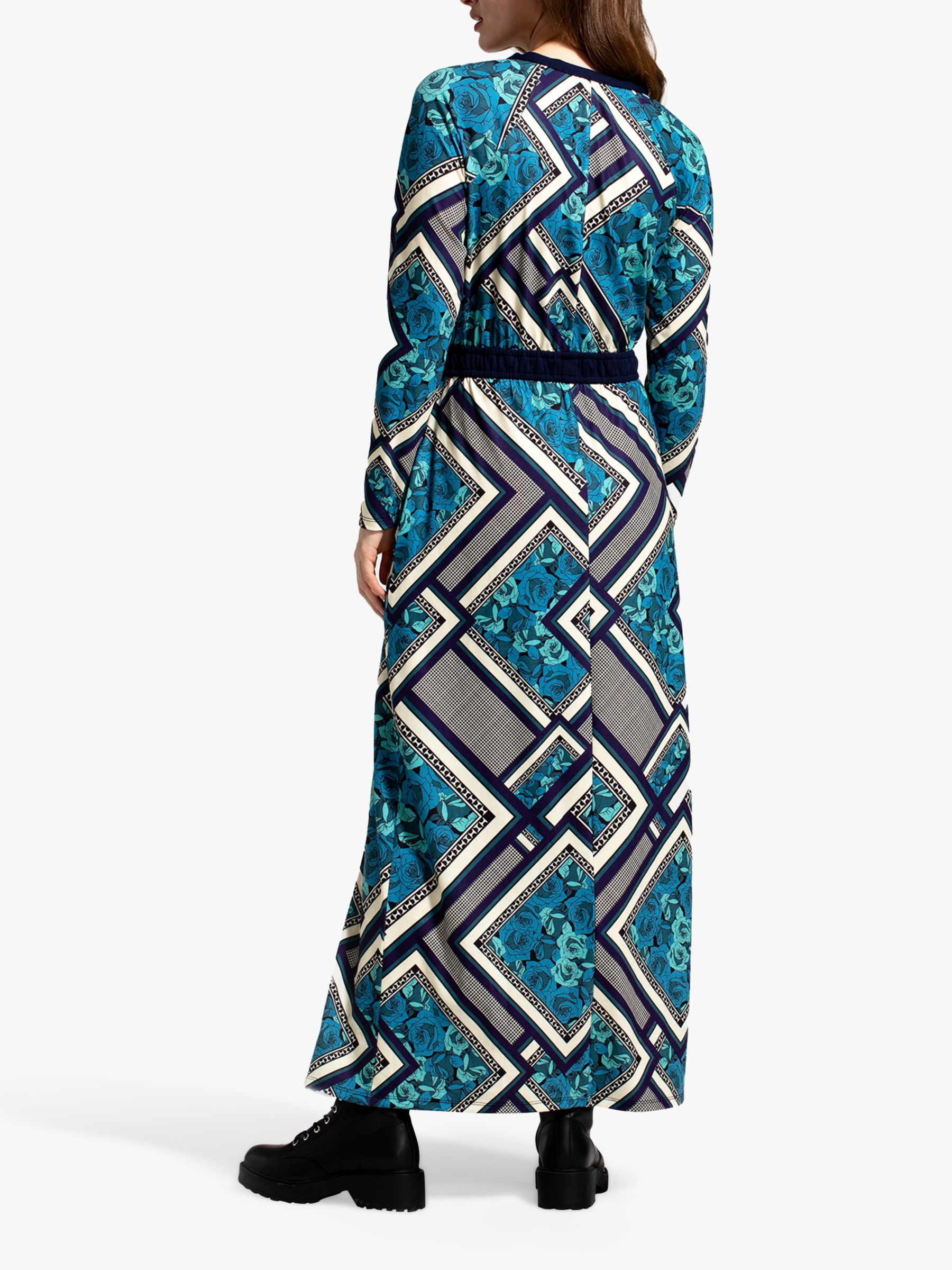 HotSquash Retro Tile Print Long Sleeve Maxi Dress, Teal/Multi, 8