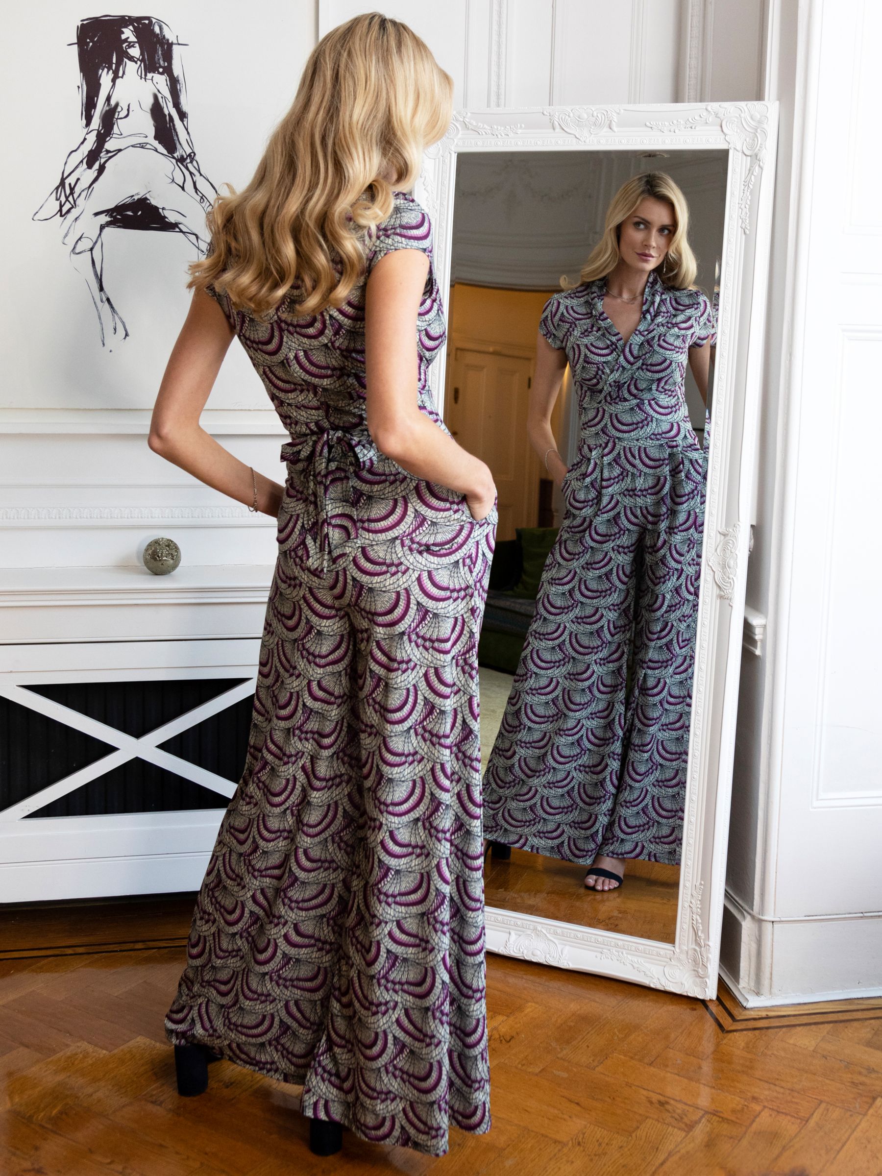 HotSquash Kimono Print Wide Leg Jumpsuit, Purple/Multi, 8