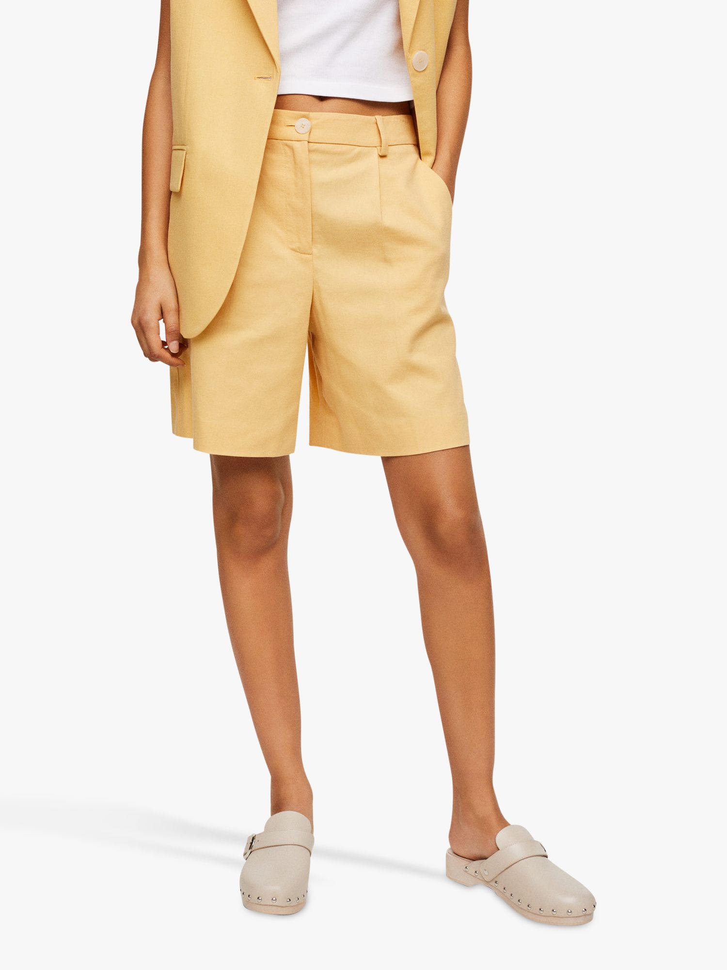 Mango Cotton-Linen Bermuda Shorts, Yellow at John Lewis & Partners