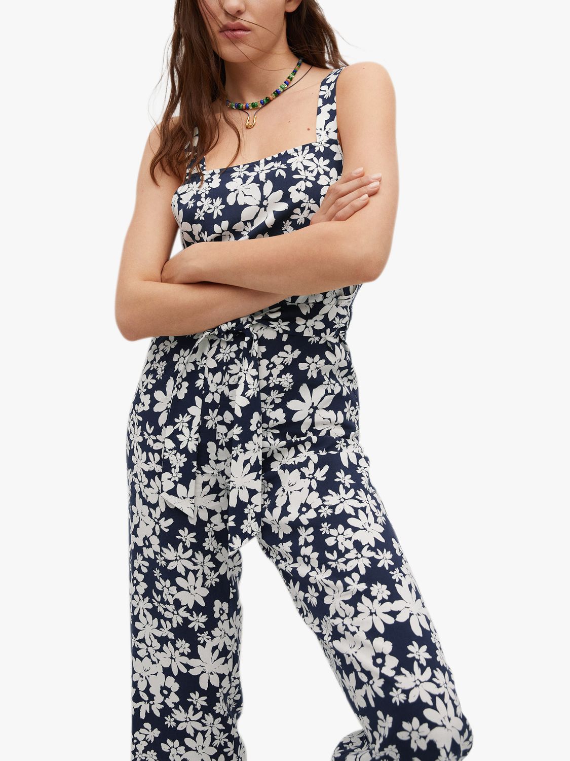 Mango Floral Print Tie Waist Cropped Jumpsuit, Navy at John Lewis