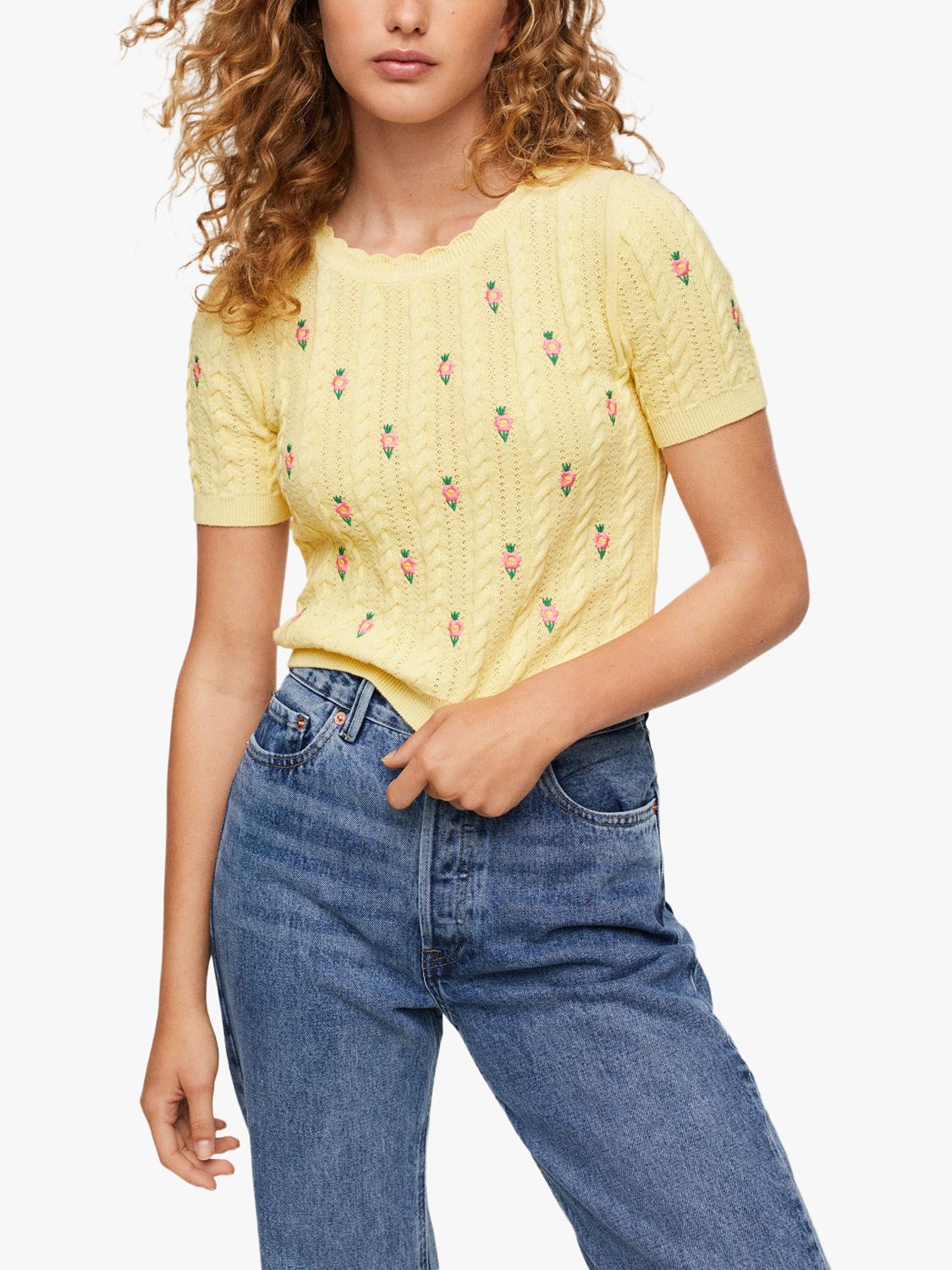 Mango Embroidered Floral Knit Top, Yellow at John Lewis & Partners