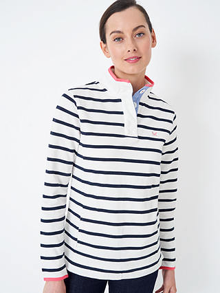Crew Clothing Padstow Stripe Pique Cotton Sweatshirt, White/Navy