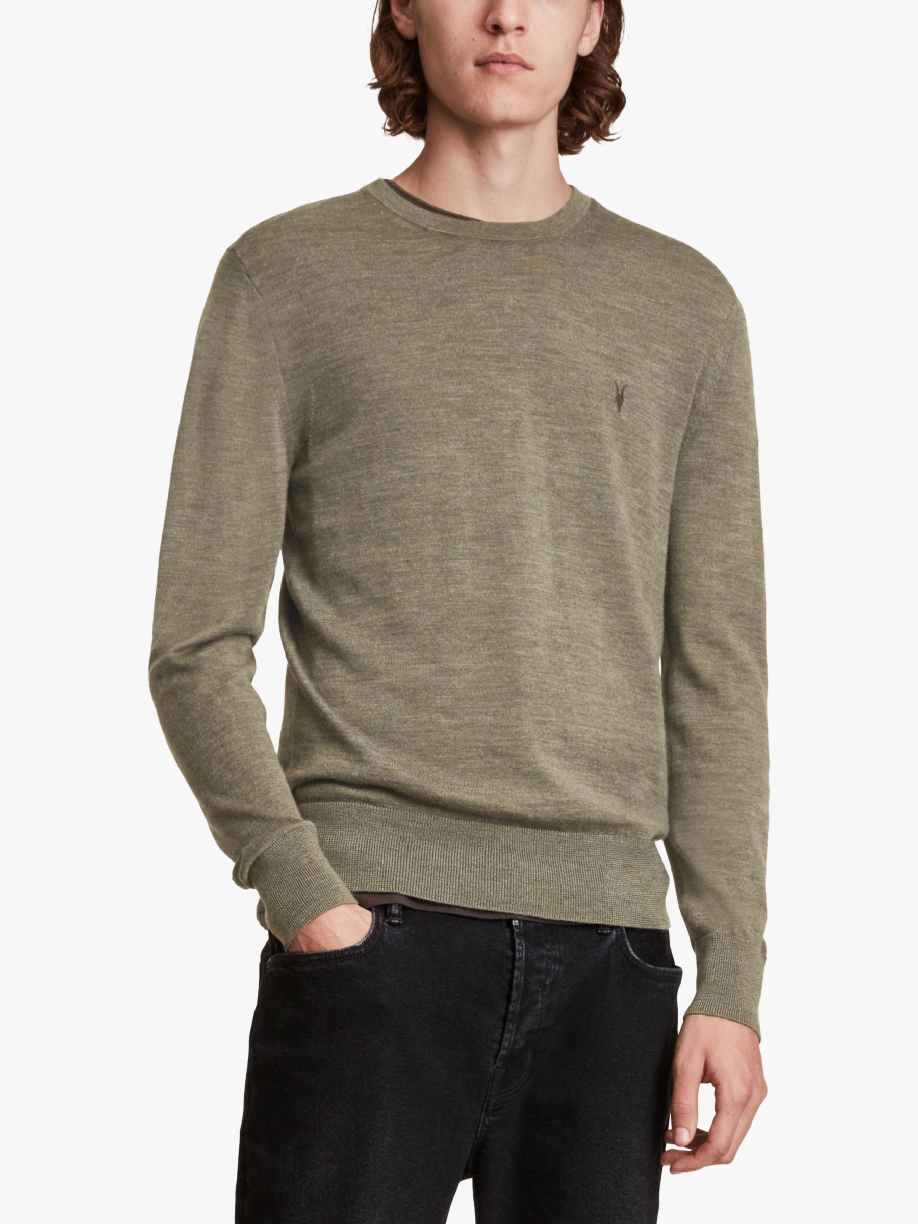 AllSaints Mode Merino Crew Neck Jumper, Nettle Green Marl at John Lewis ...