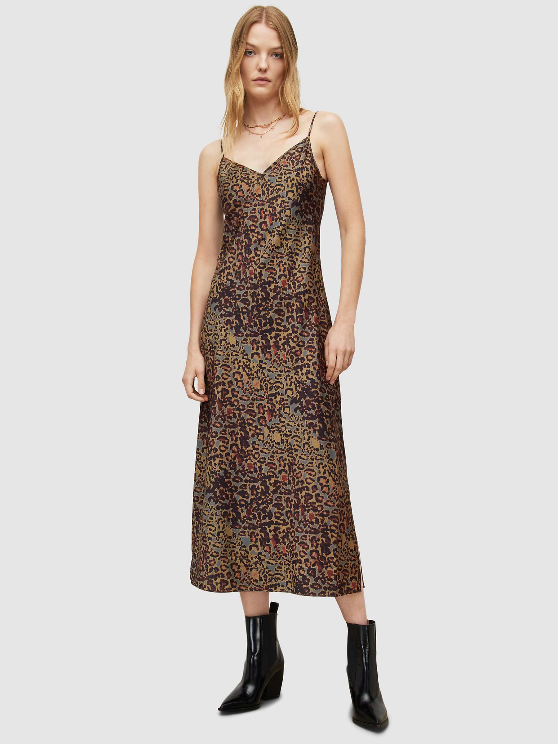 AllSaints Tiana Leopard Print Slip Dress, Khaki at John Lewis & Partners
