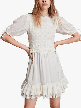 AllSaints Jaya Shirred Bodice Mini Dress, Chalk White, 6