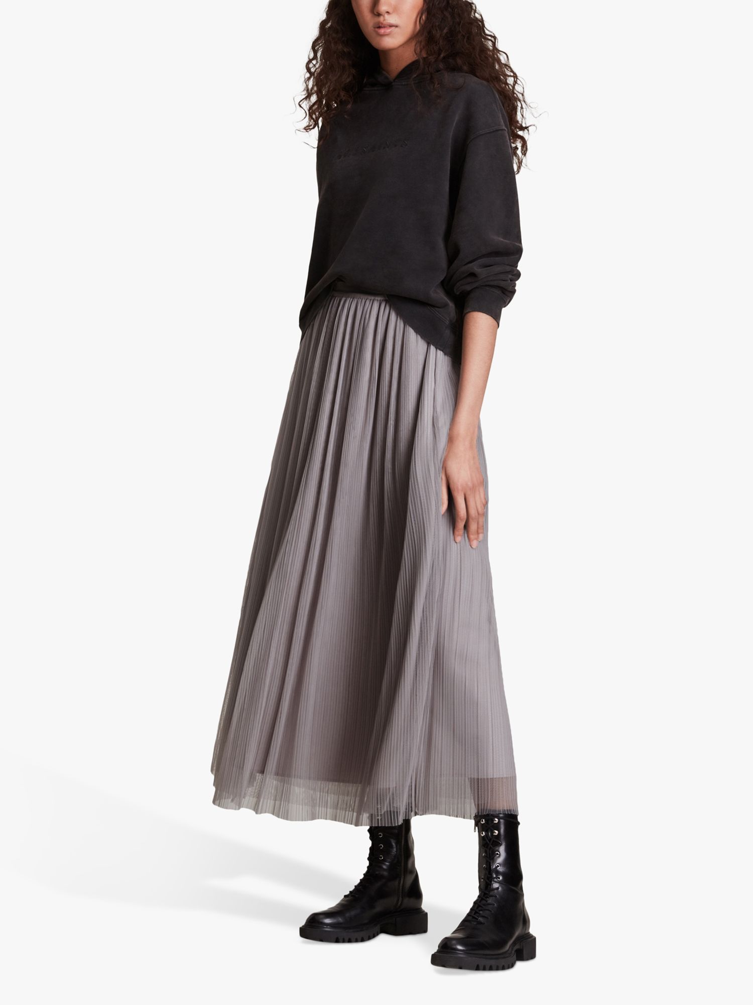 AllSaints Dina Pleated Maxi Skirt, Shimmer Grey, 6