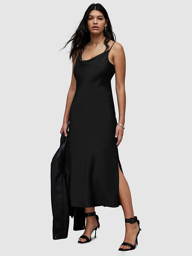 AllSaints Hadley Cowl Neck Midi Slip Dress, Black