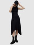 AllSaints Gia Asymmetric Hem Midi Dress, Black