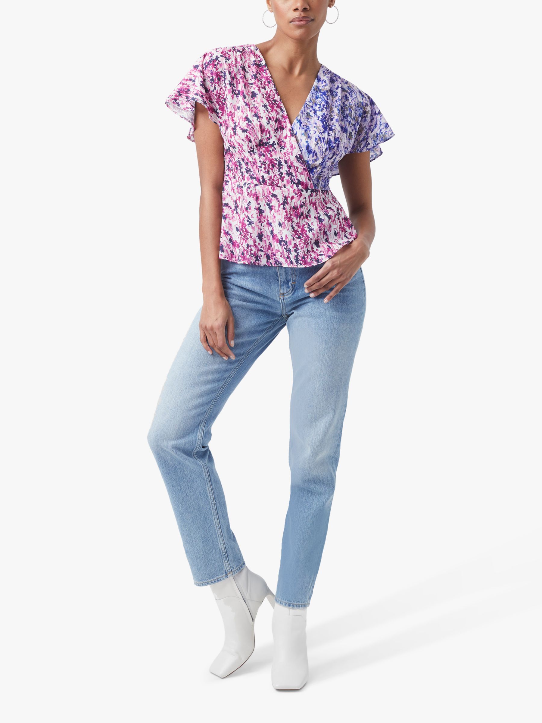 French Connection Courtney Crepe V-Neck Top, Purple Meadow/Dazzling Blue Multi