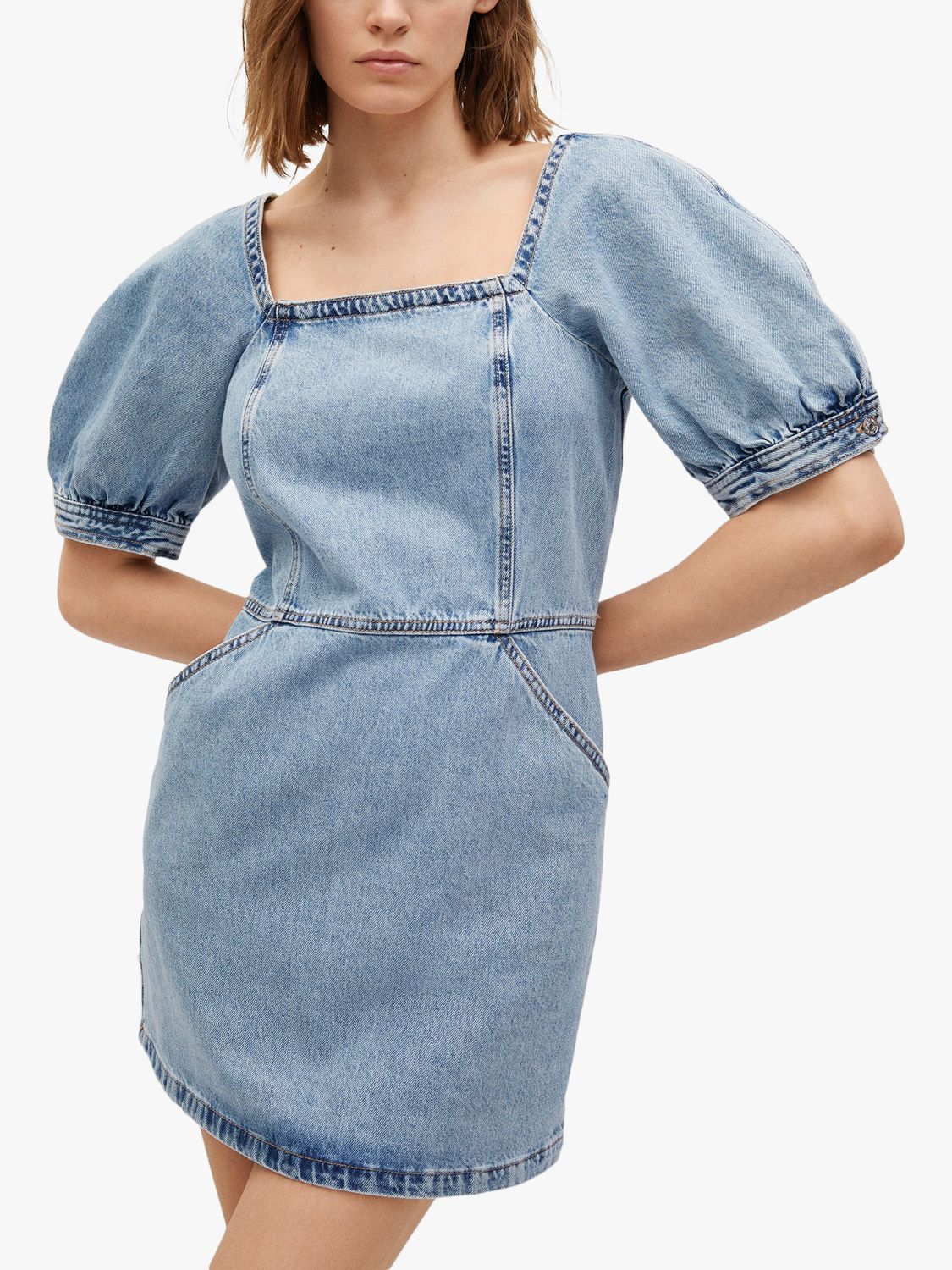 Mango Denim Puff Sleeve Mini Dress Blue 