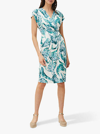Phase Eight Palms Print Jersey Dress, Aquamarine/Ecru