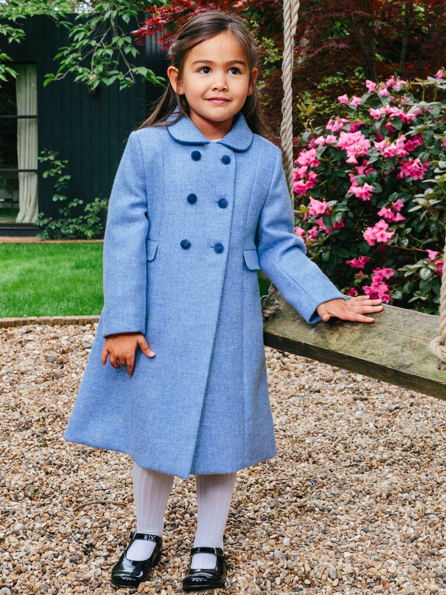 Trotters Heritage Kids' Classic Longline Double Breasted Coat, Pale Blue, 2 years
