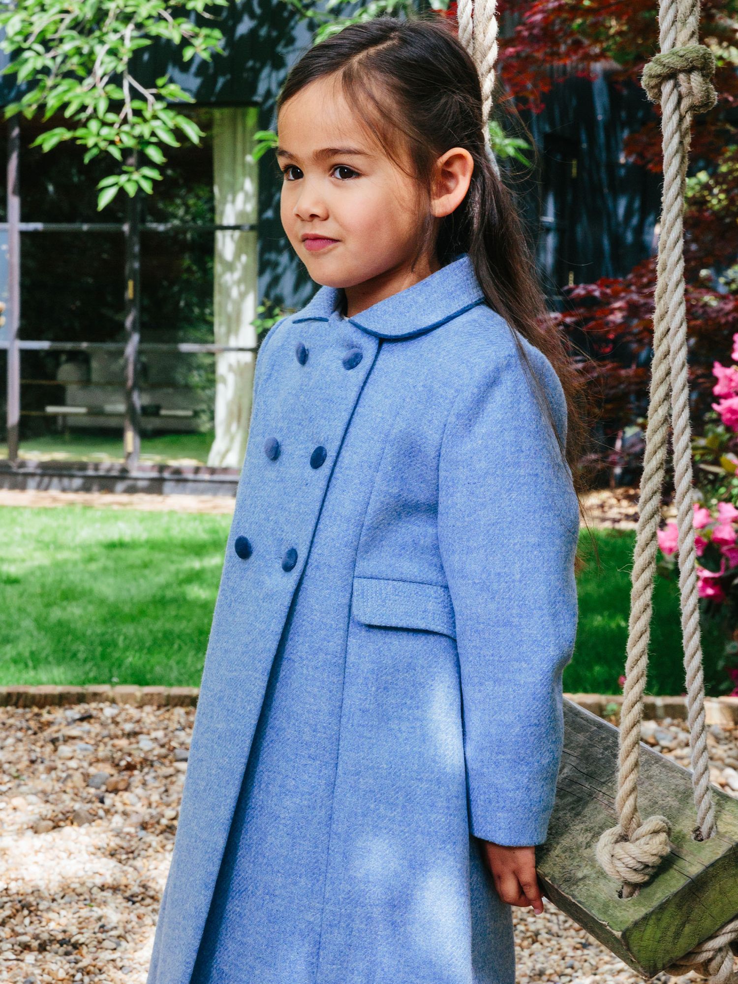 Trotters Heritage Kids' Classic Longline Double Breasted Coat, Pale Blue, 2 years