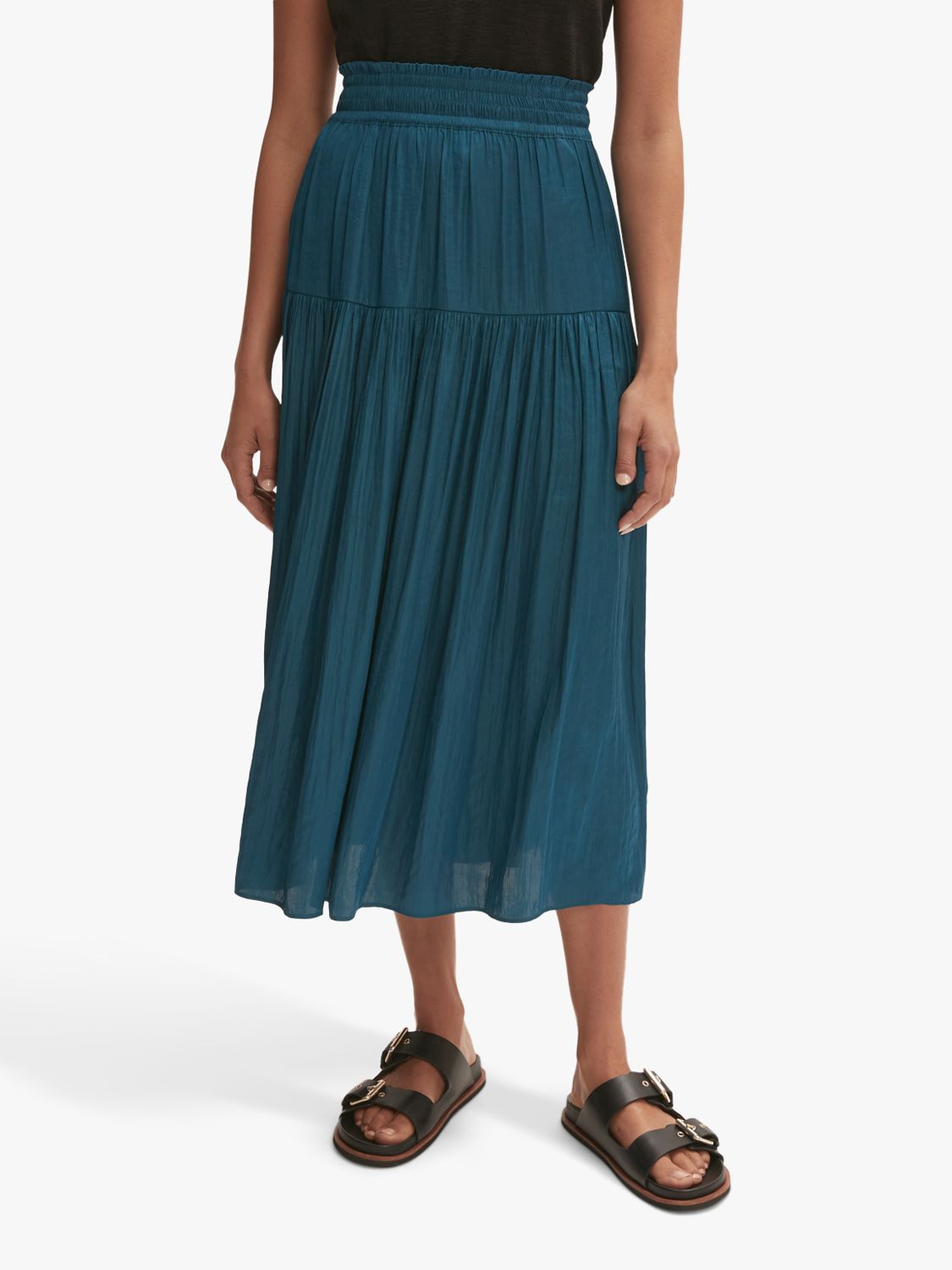 Jigsaw Satin Gathered Midi Skirt, Blue at John Lewis & Partners