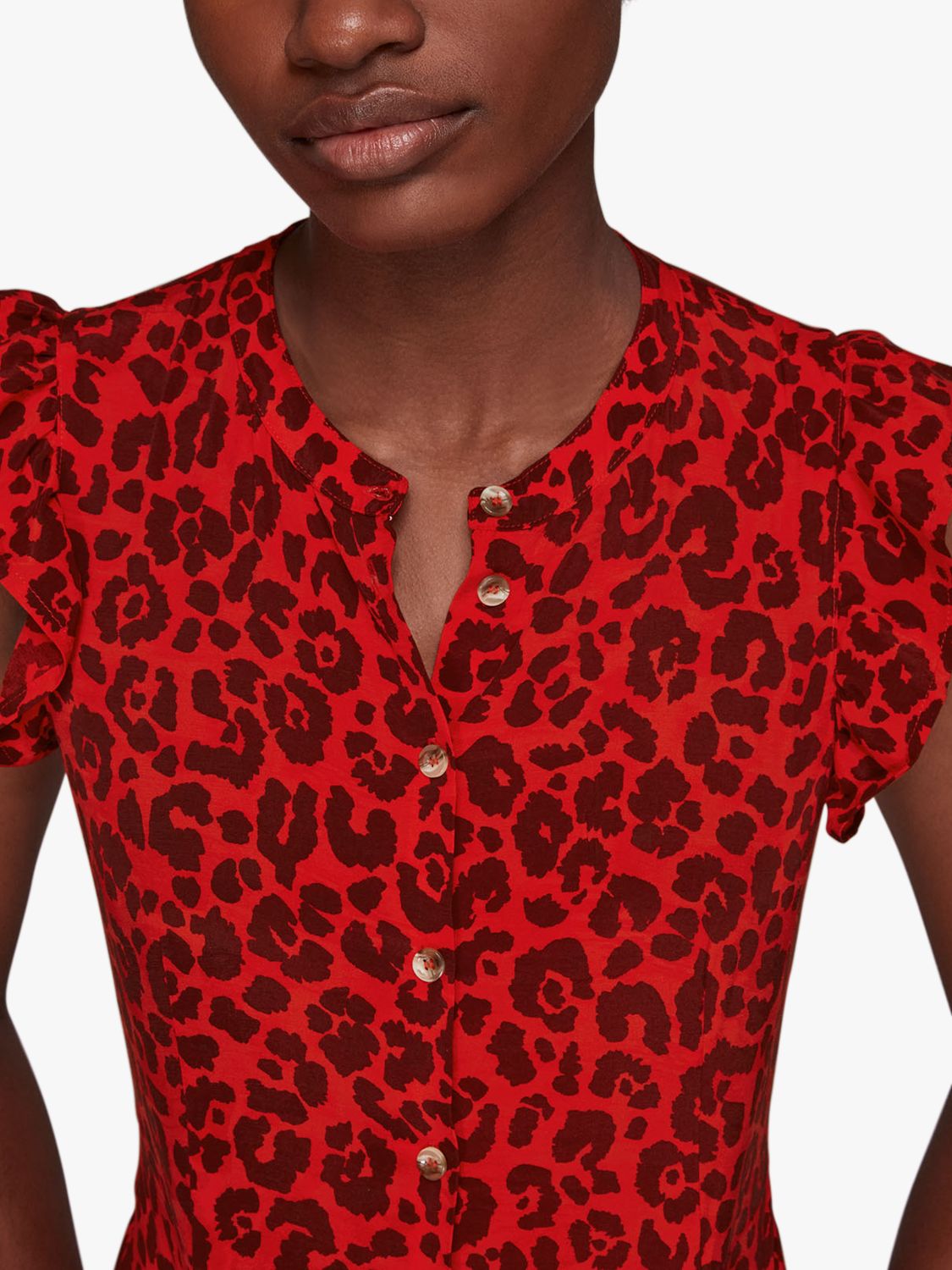 Whistles Animal Print Frill Sleeve Midi Dress, Red