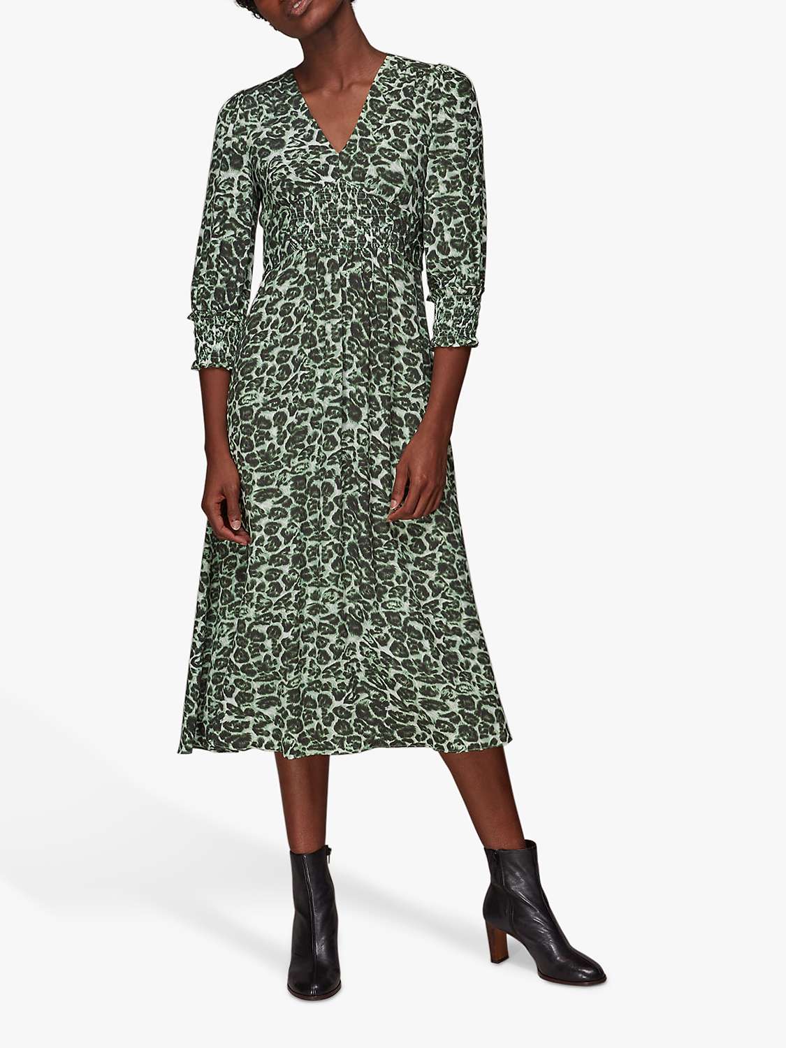 Whistles Clouded Leopard Print Midi Dress, Green/Multi at John Lewis ...