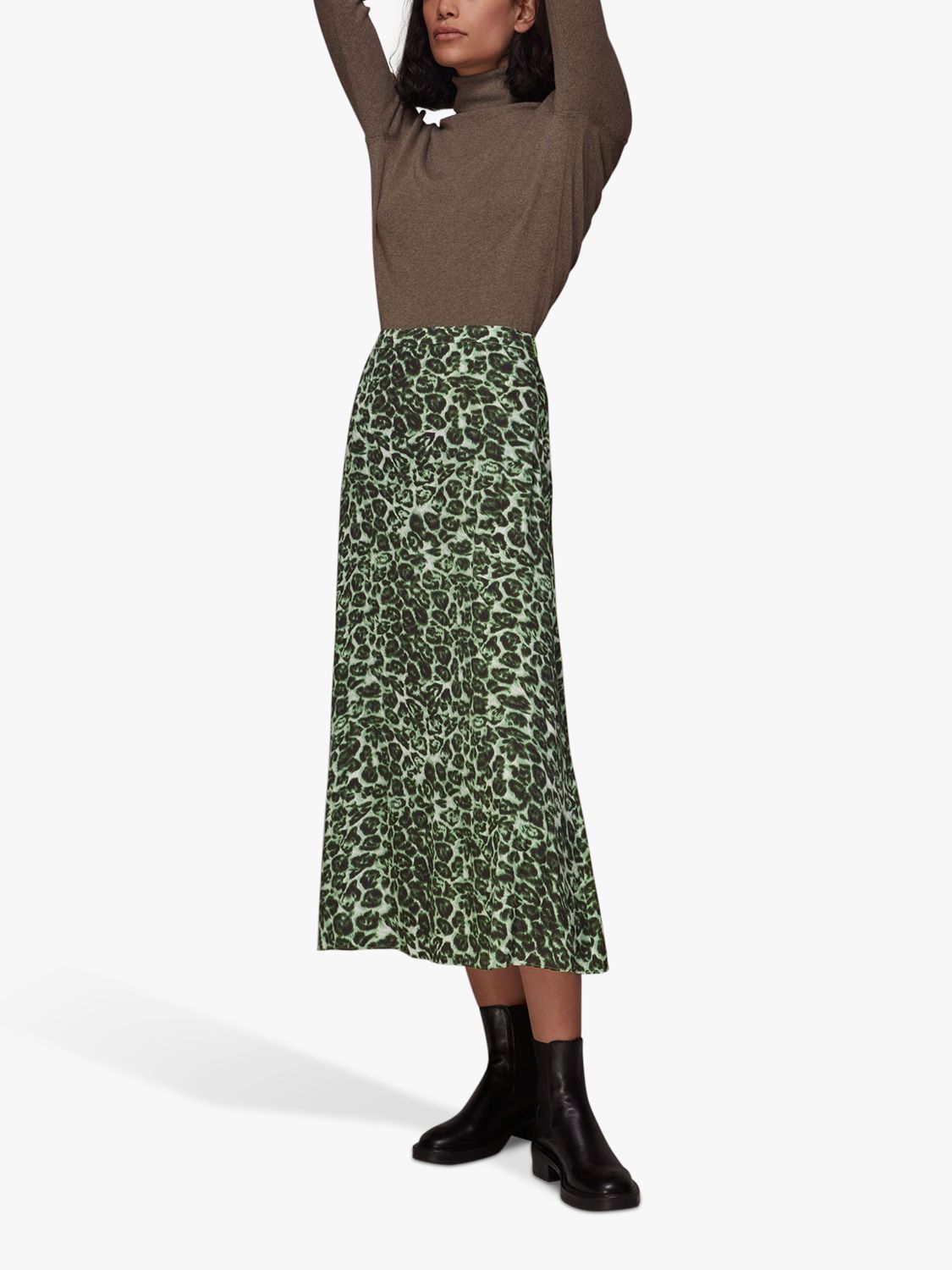 Whistles Clouded Leopard Print Midi Skirt, Green/Multi