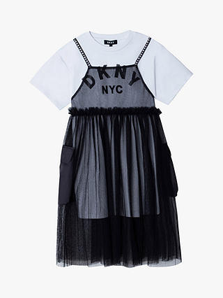 DKNY Kids' Mesh Overlay Logo Dress, Black/White