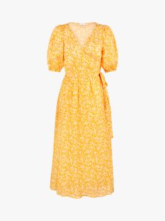 Ghost Ashley Ditsy Floral Mid Wrap Dress, Yellow, XS