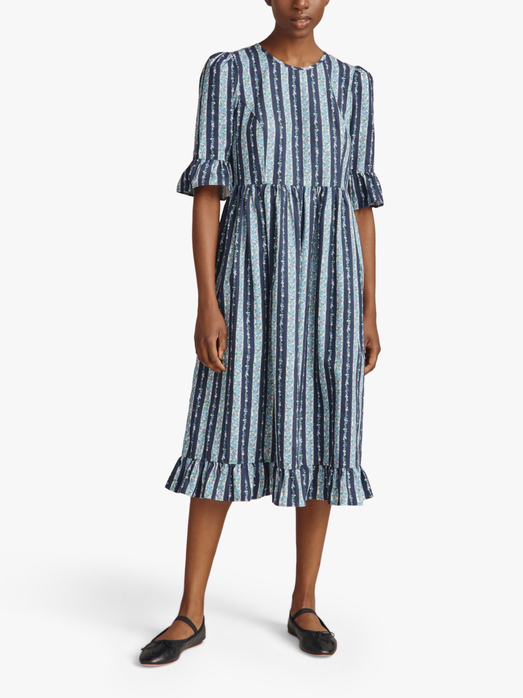 Ghost Gail Vintage Floral Stripe Midi Dress, Blue Stripes at John Lewis ...