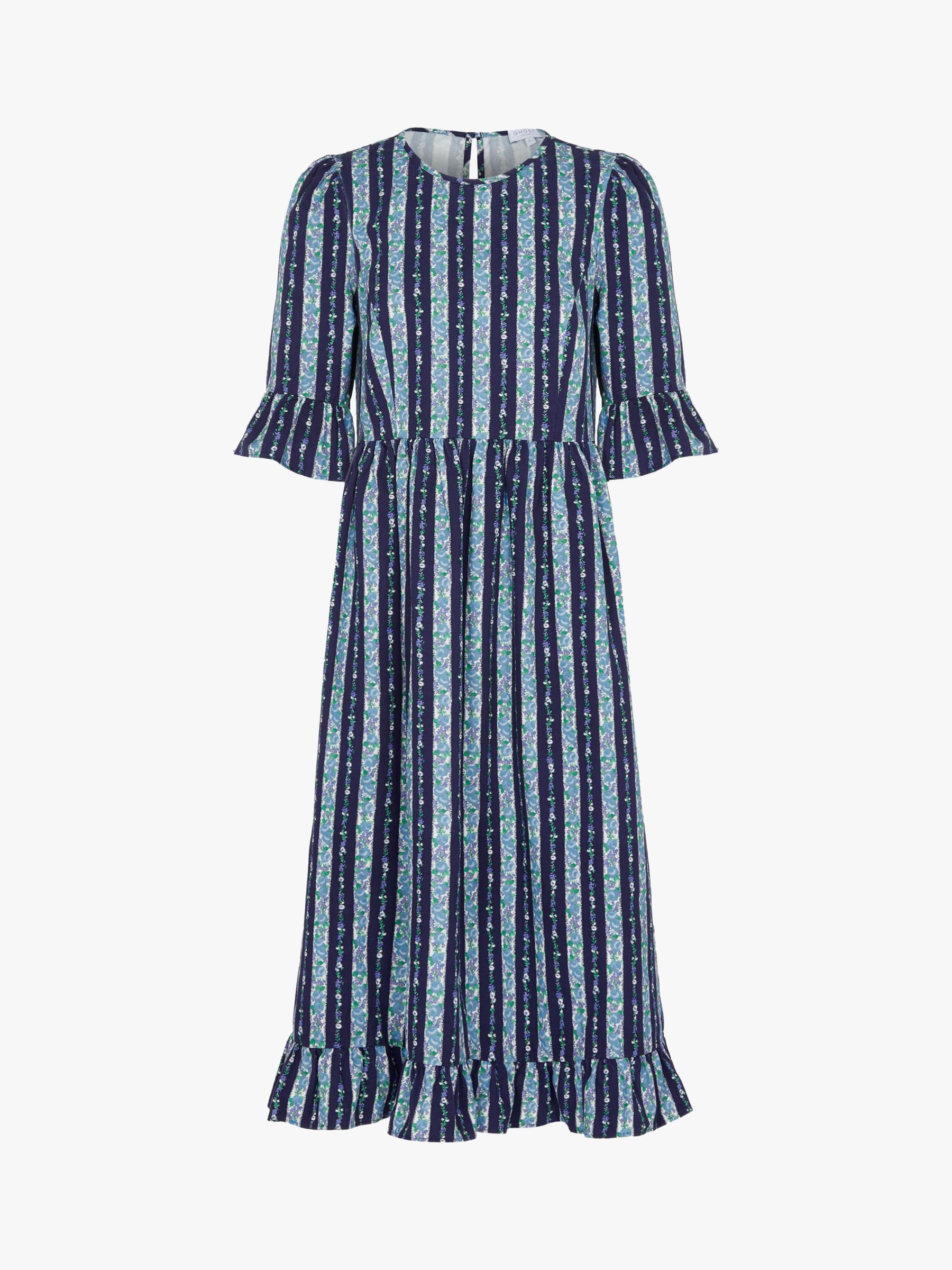 Ghost Gail Vintage Floral Stripe Midi Dress, Blue Stripes at John Lewis ...