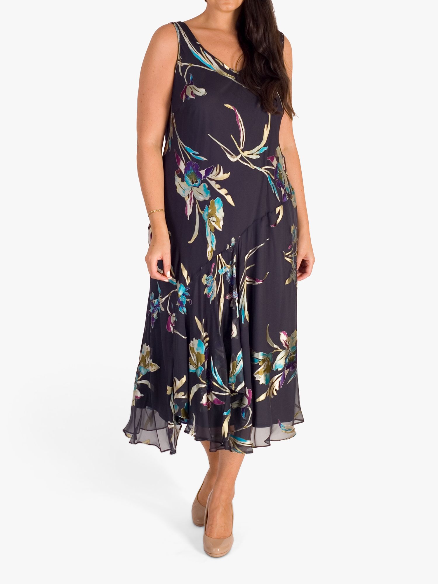 Chesca Devoree Floral Print Midi Dress, Pewter/Turquoise